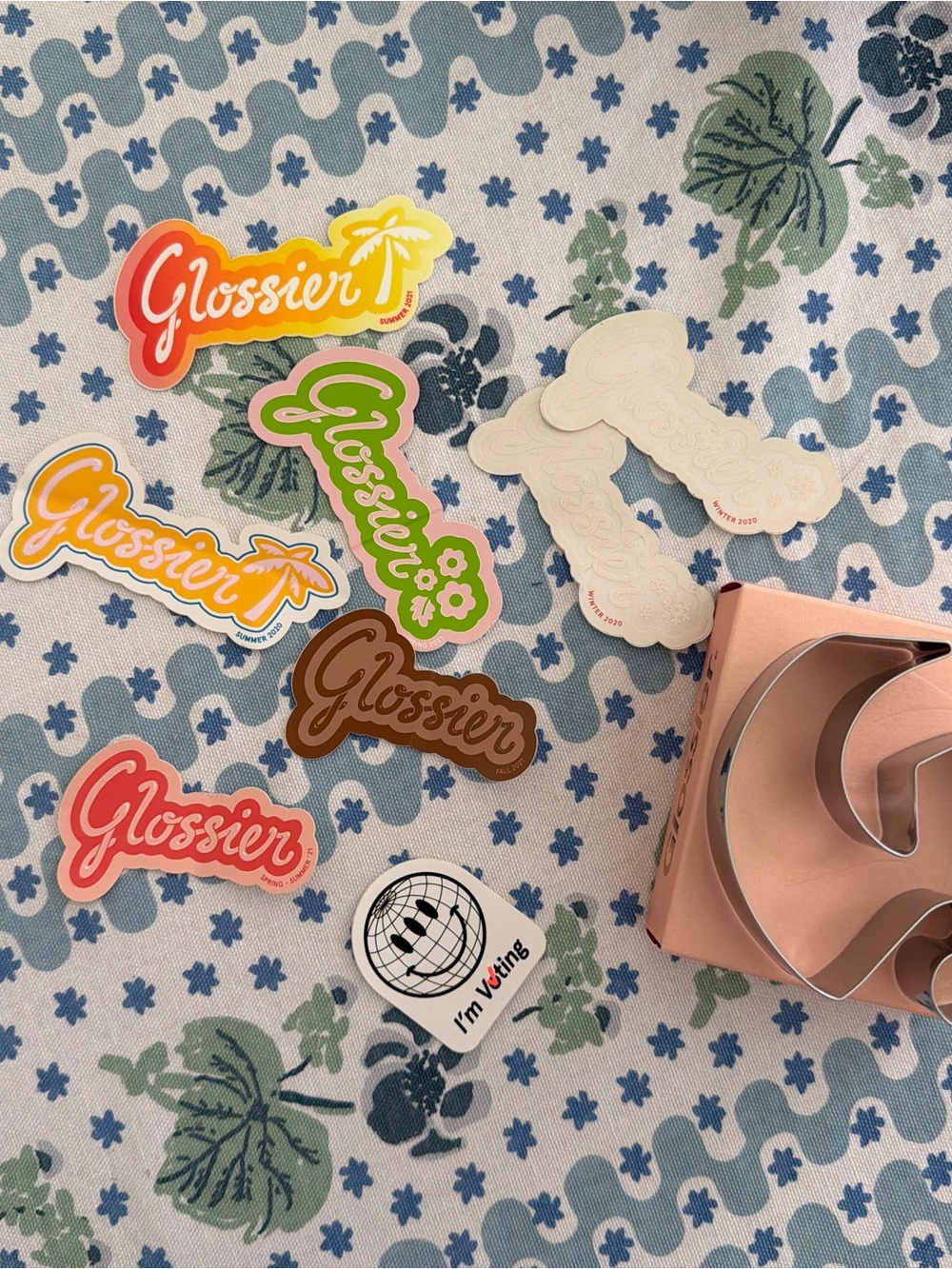 Glossier Sticker pack, beauty bag, cookie cutter